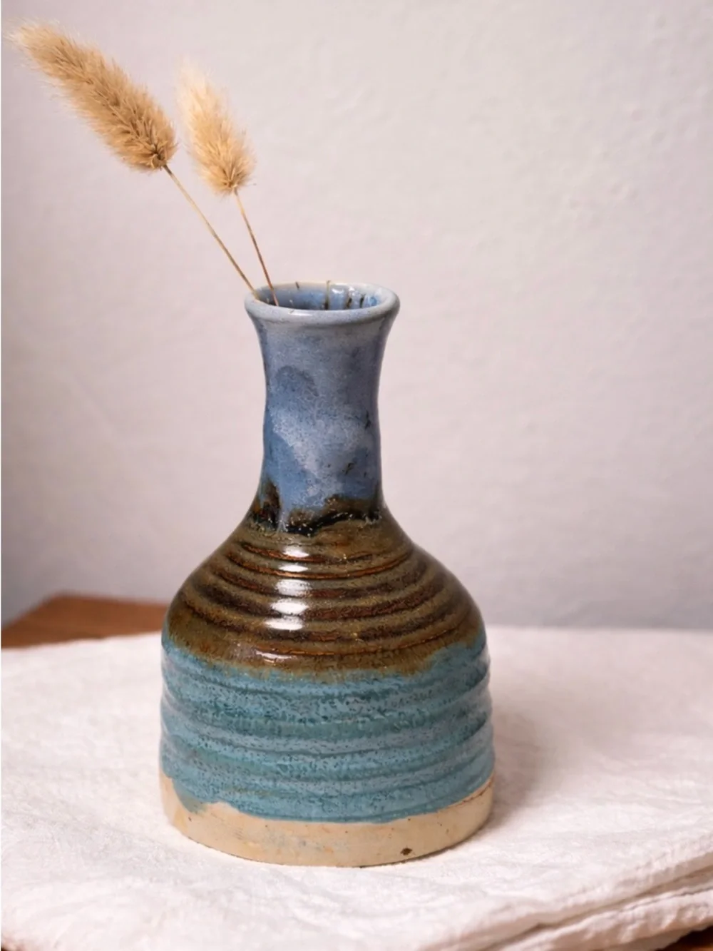 Signed Studio Pottery, Ceramic Bud Vase in Blue and Brown